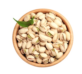 Photo of Organic pistachio nuts and leaves in wooden bowl isolated on white, top view