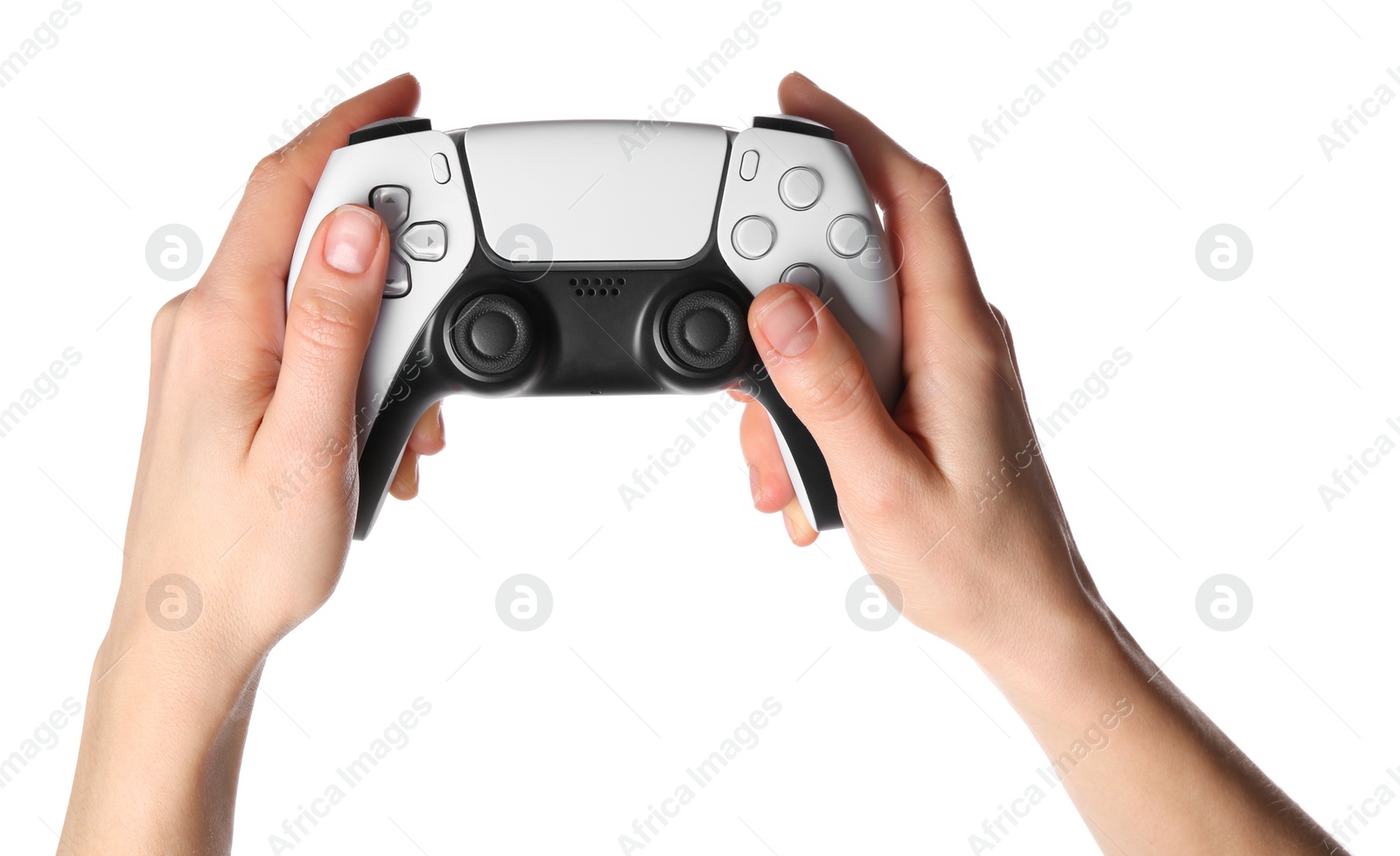 Photo of Woman with game controller on white background, closeup