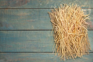 Photo of Heap of dried hay on light blue wooden background, flat lay. Space for text