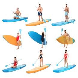Photos of young man and woman with sup boards isolated on white, collage