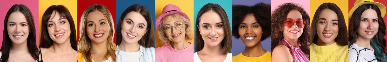 Set with portraits of happy women on different color backgrounds