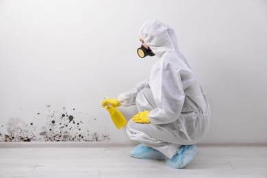 Image of Woman in protective suit and rubber gloves using mold remover on wall