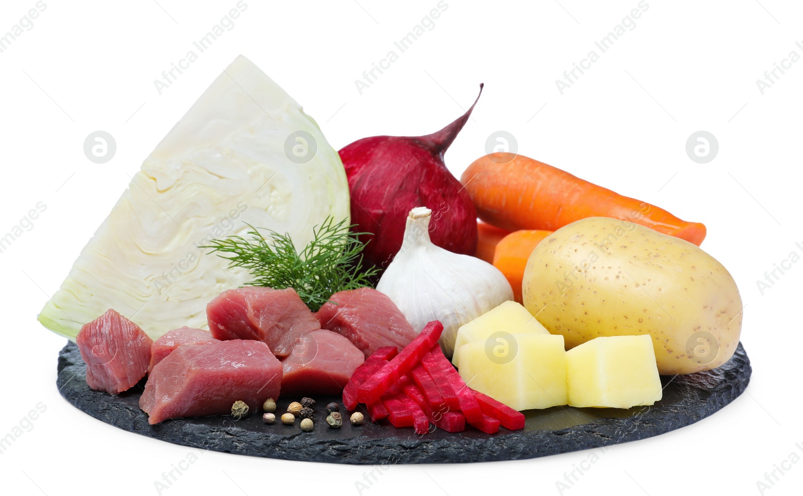 Photo of Ingredients for traditional borscht on white background