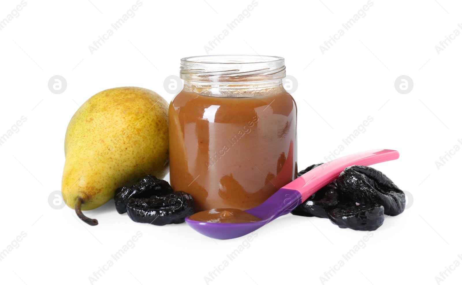 Photo of Jar with healthy baby food, dried prunes, pear and spoon isolated on white