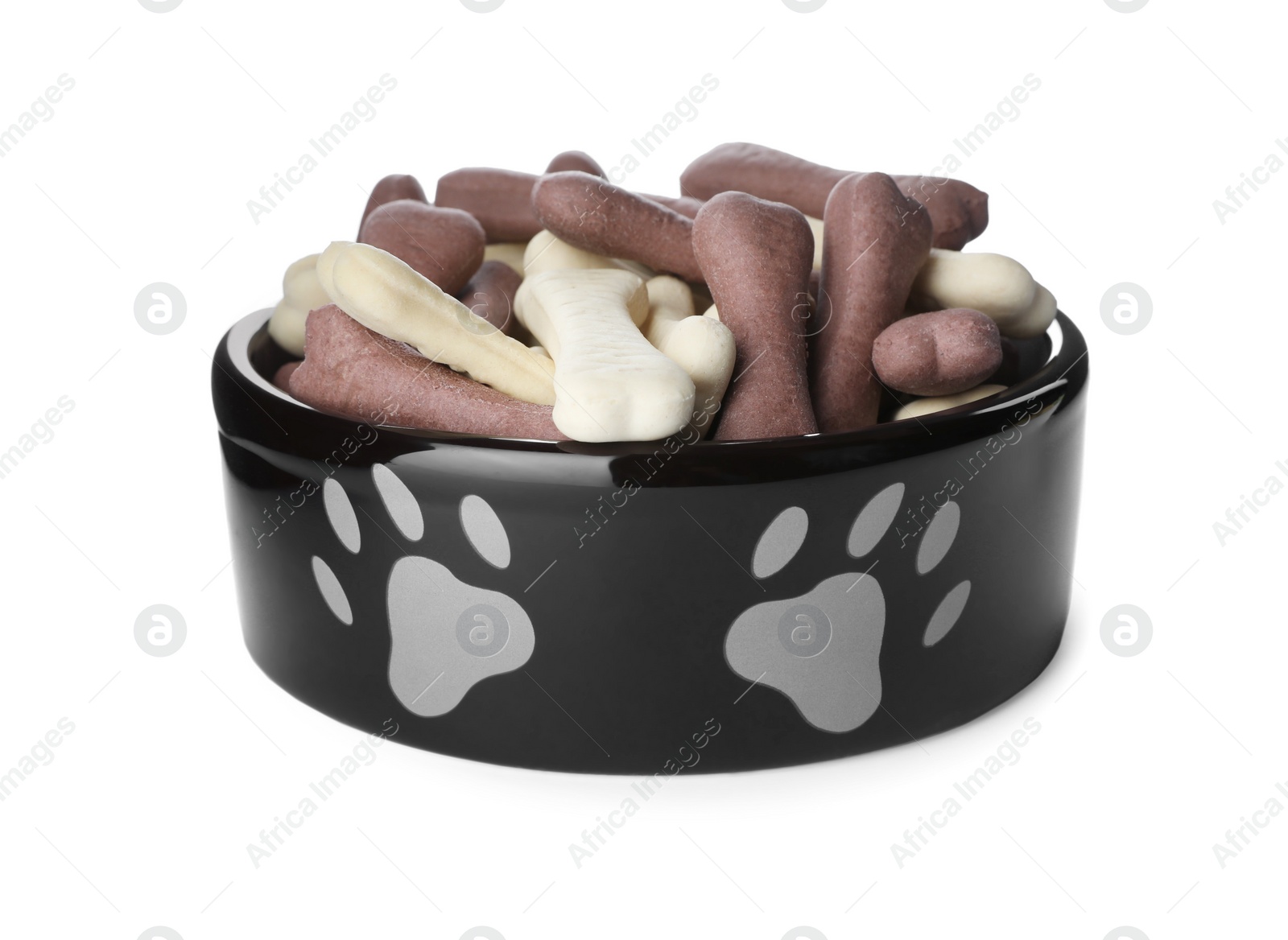 Photo of Different bone shaped dog cookies in feeding bowl isolated on white