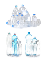 Set of empty plastic bottles on white background. Waste management and recycling