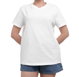 Woman in stylish t-shirt on white background, closeup