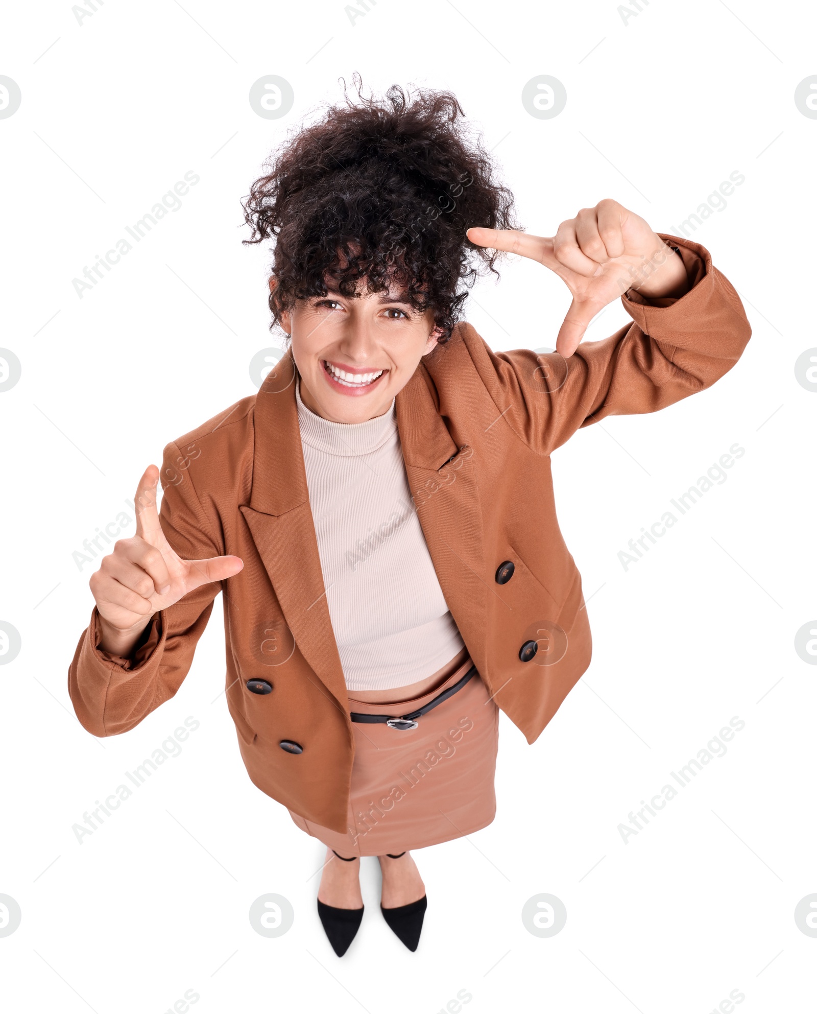 Photo of Beautiful businesswoman in suit on white background, above view