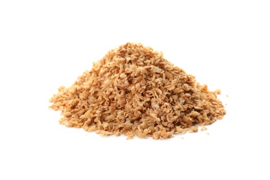 Photo of Buckwheat flakes on white background. Healthy grains and cereals