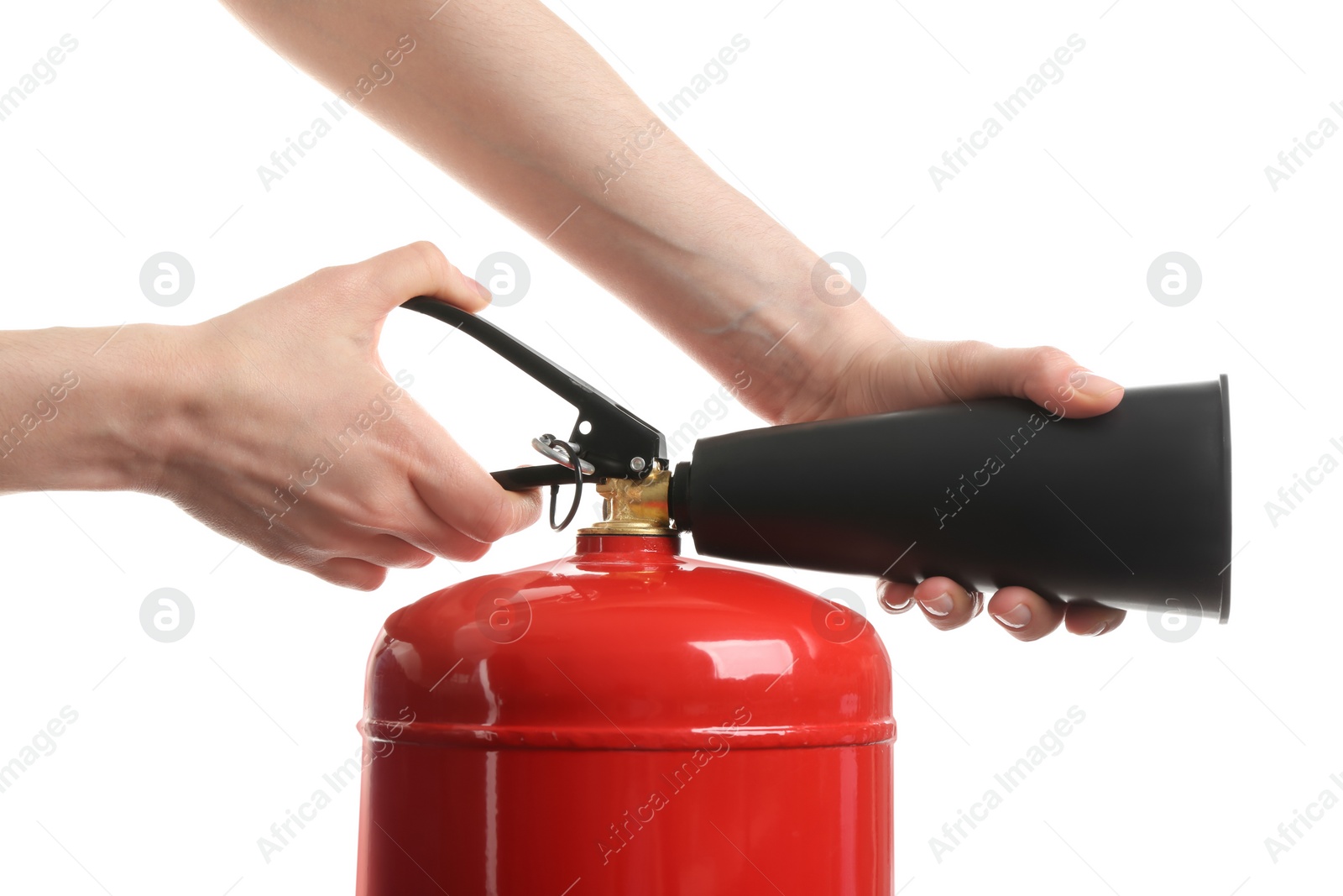 Photo of Woman using fire extinguisher on white background, closeup