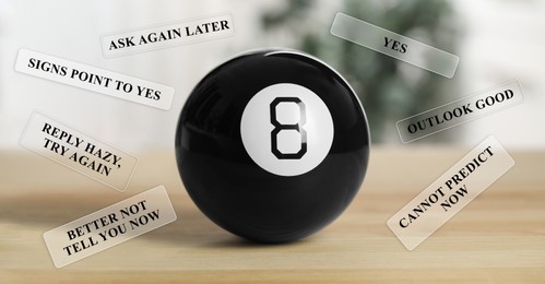 Image of Magic eight ball on wooden table and different predictions around it. Banner design