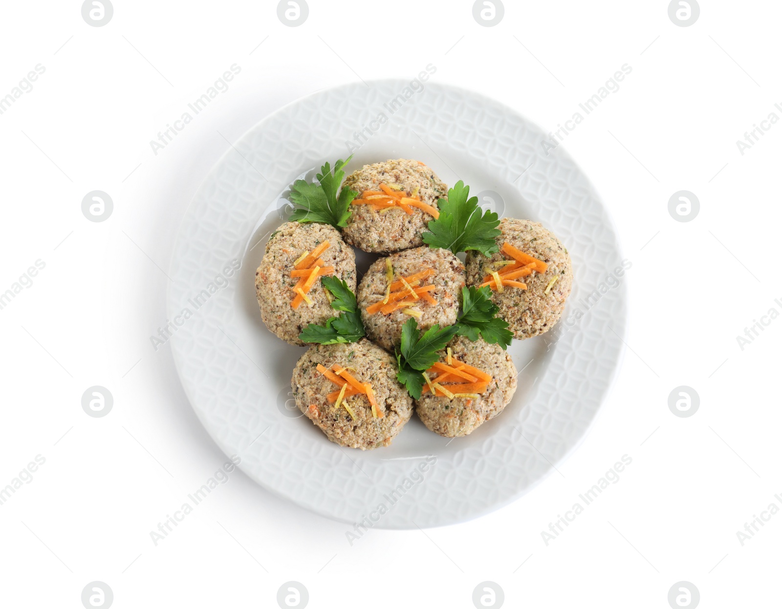 Photo of Plate of traditional Passover (Pesach) gefilte fish isolated on white, top view