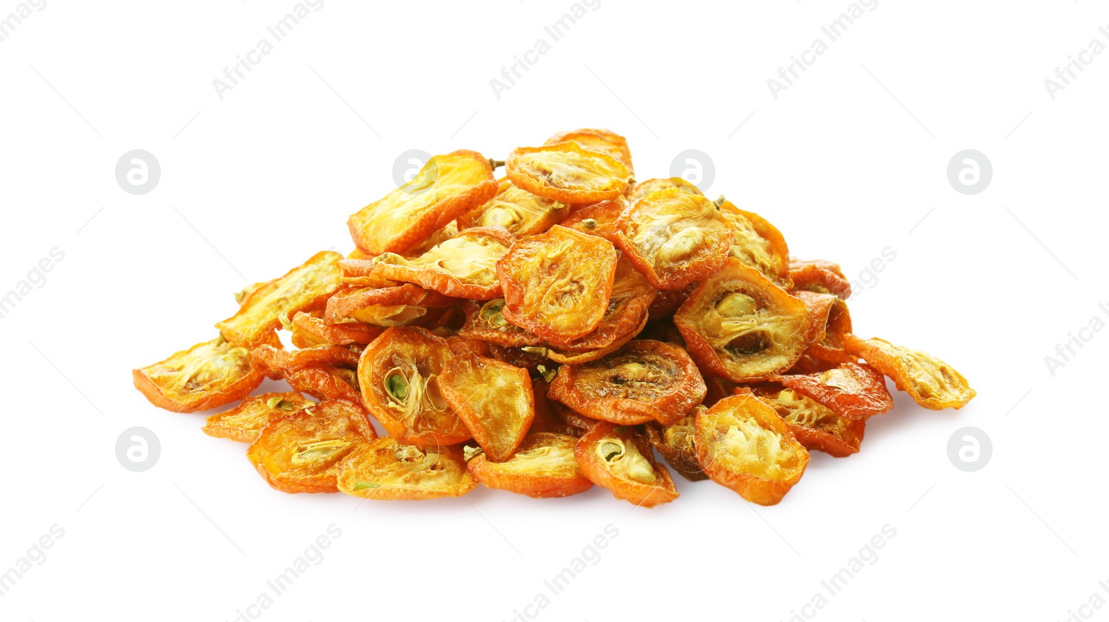 Photo of Heap of cut dried kumquat fruits isolated on white