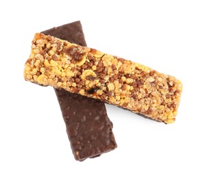 Photo of Different protein bars with chocolate on white background, top view. Healthy snack
