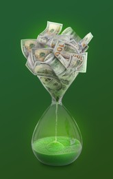 Image of Time is money. Hourglass full of dollar banknotes converting into sand on green background