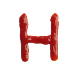 Photo of Letter H written with ketchup on white background
