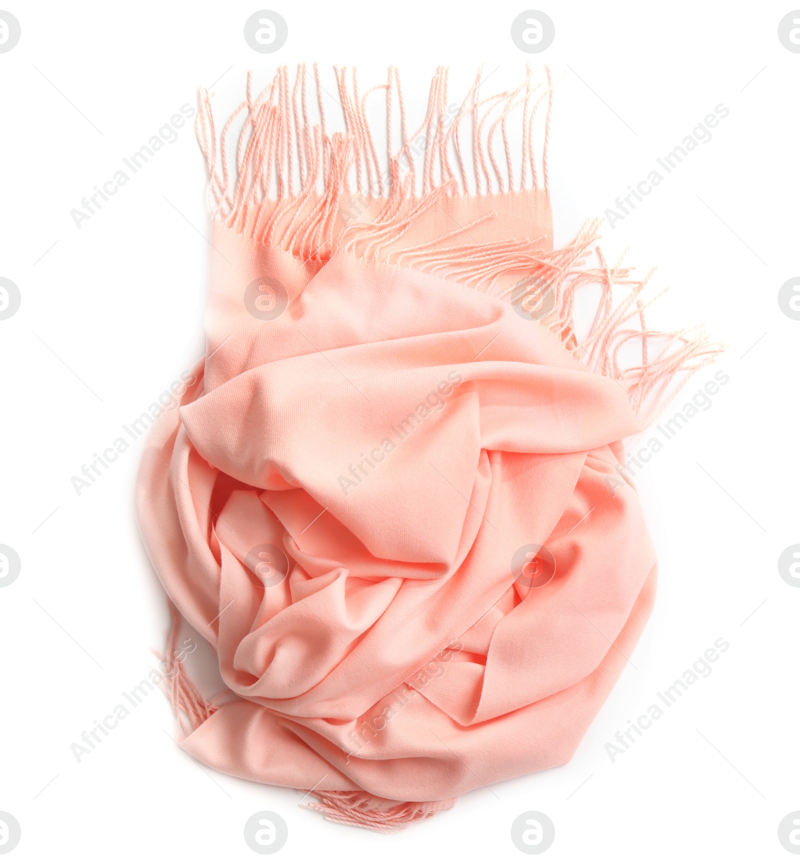 Photo of Peach scarf on white background, top view