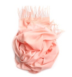 Peach scarf on white background, top view