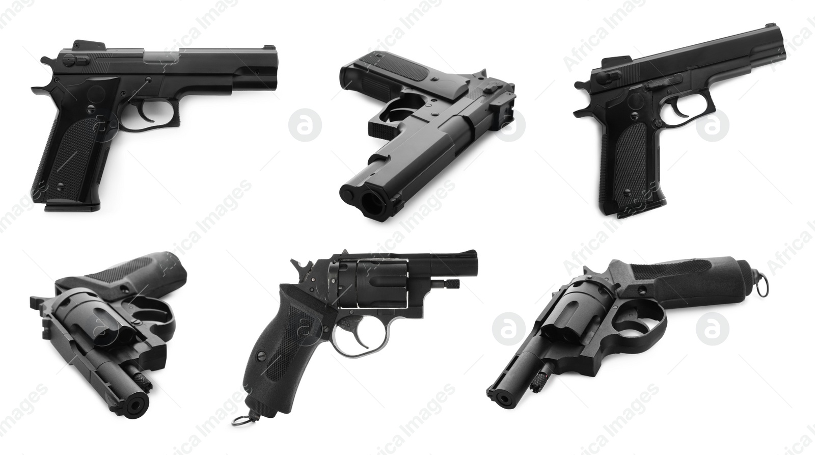 Image of Set with different handguns on white background