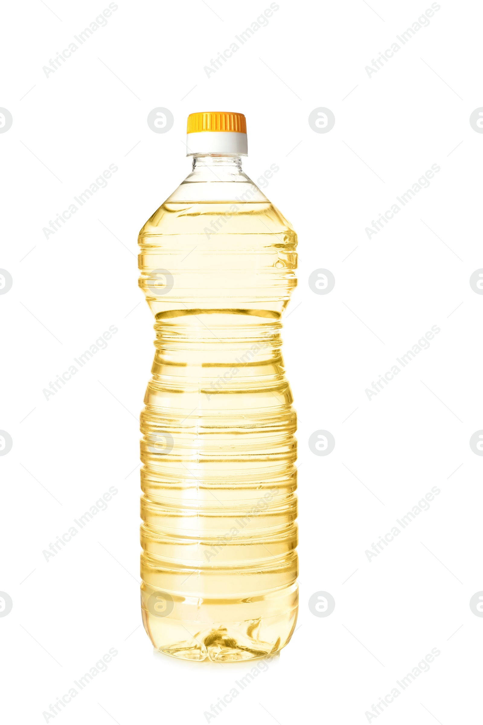 Photo of Plastic bottle of oil on white background