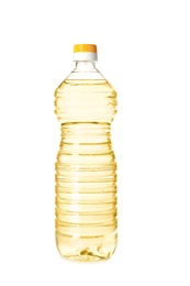 Photo of Plastic bottle of oil on white background