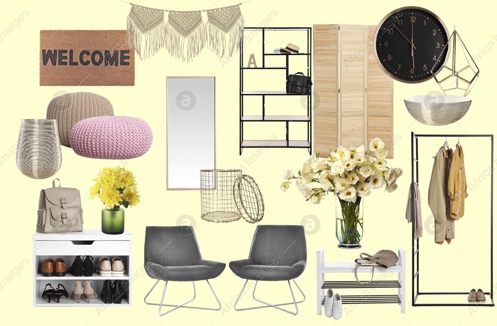 Image of Interior design. Collage with different combinable furniture and decorative elements on pale light yellow background