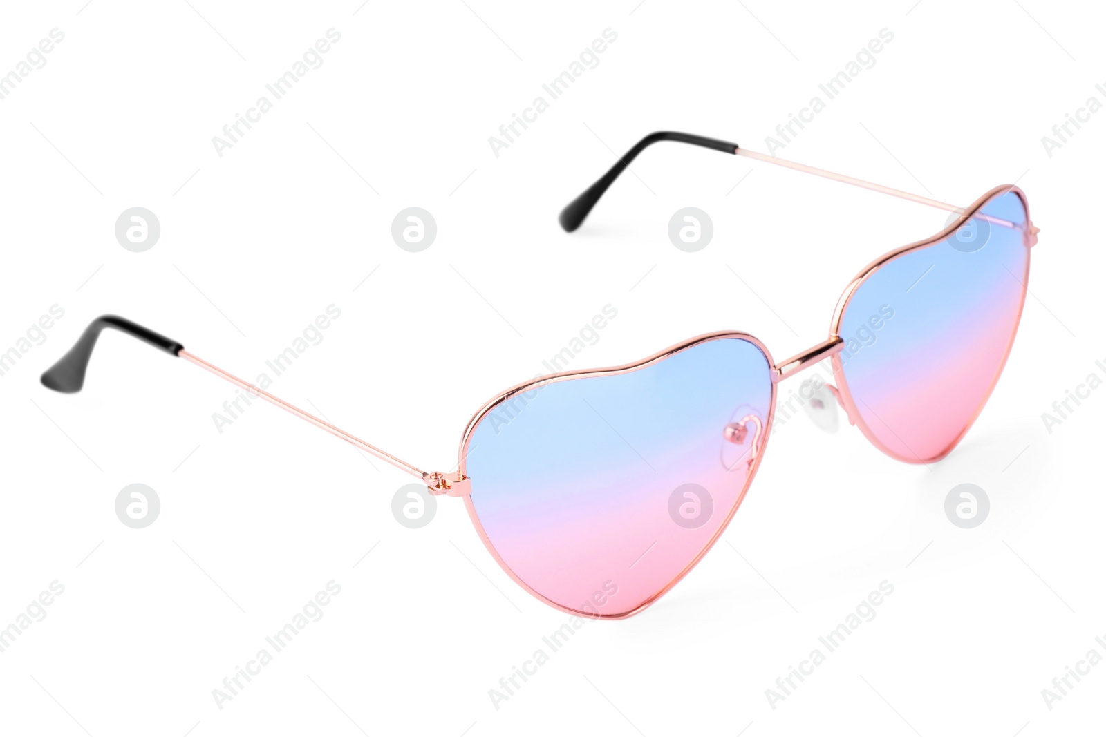 Photo of Stylish heart shaped sunglasses isolated on white. Fashion accessory