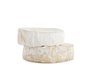 Photo of Tasty camembert and brie cheeses isolated on white