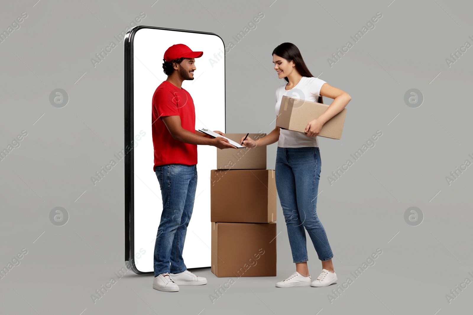 Image of Courier delivering parcels to woman near huge smartphone on grey background