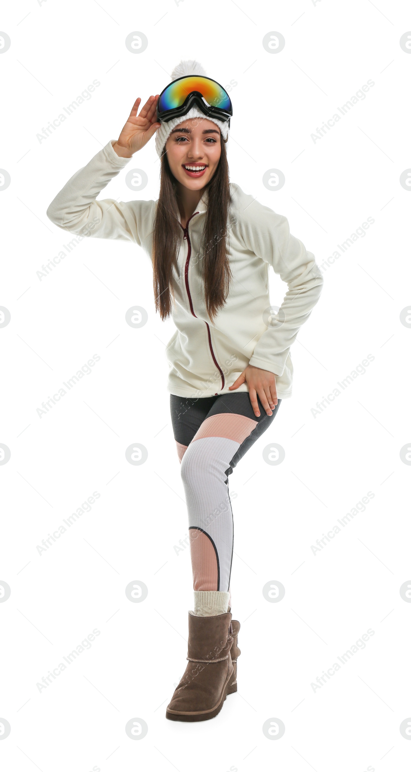 Photo of Woman wearing stylish winter sport clothes on white background