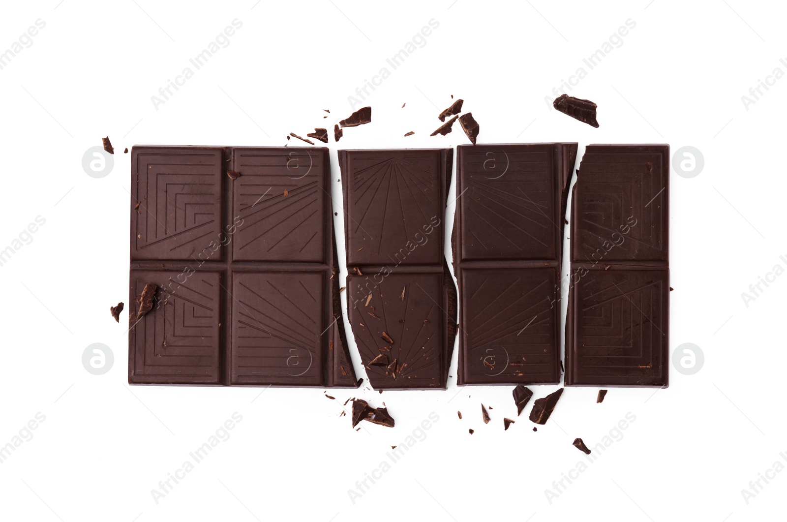 Photo of Broken dark chocolate bar on white background, top view