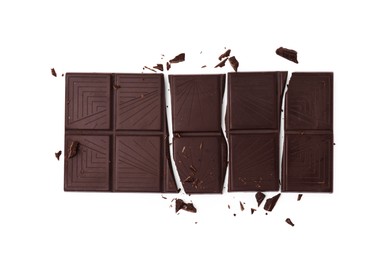 Photo of Broken dark chocolate bar on white background, top view