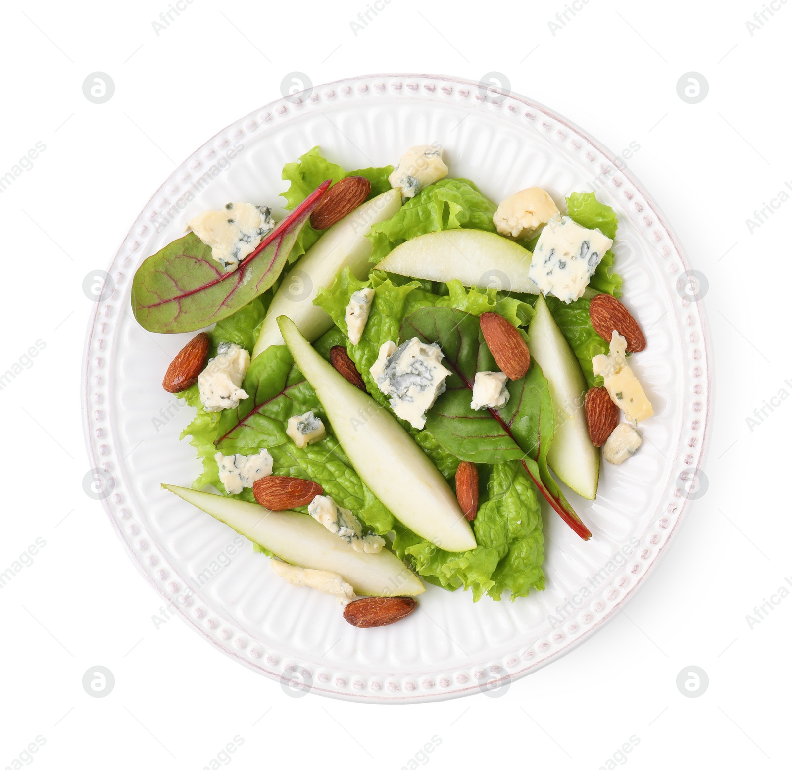 Photo of Delicious pear salad isolated on white, top view