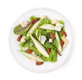 Photo of Delicious pear salad isolated on white, top view