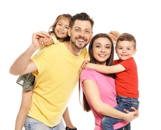 Photo of Portrait of happy family with children on white background