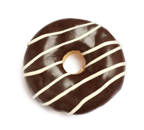 Photo of Sweet delicious glazed donut on white background, top view