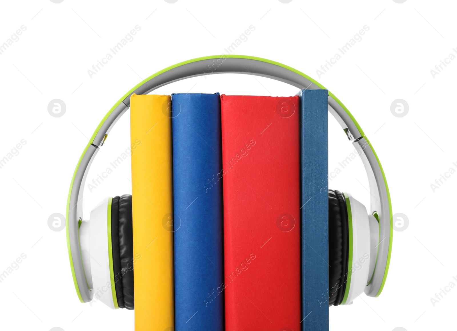 Photo of Books with modern headphones isolated on white