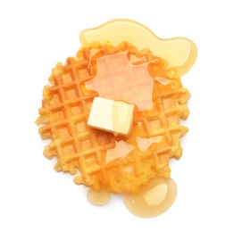 Photo of Delicious waffle with butter and honey on white background, top view