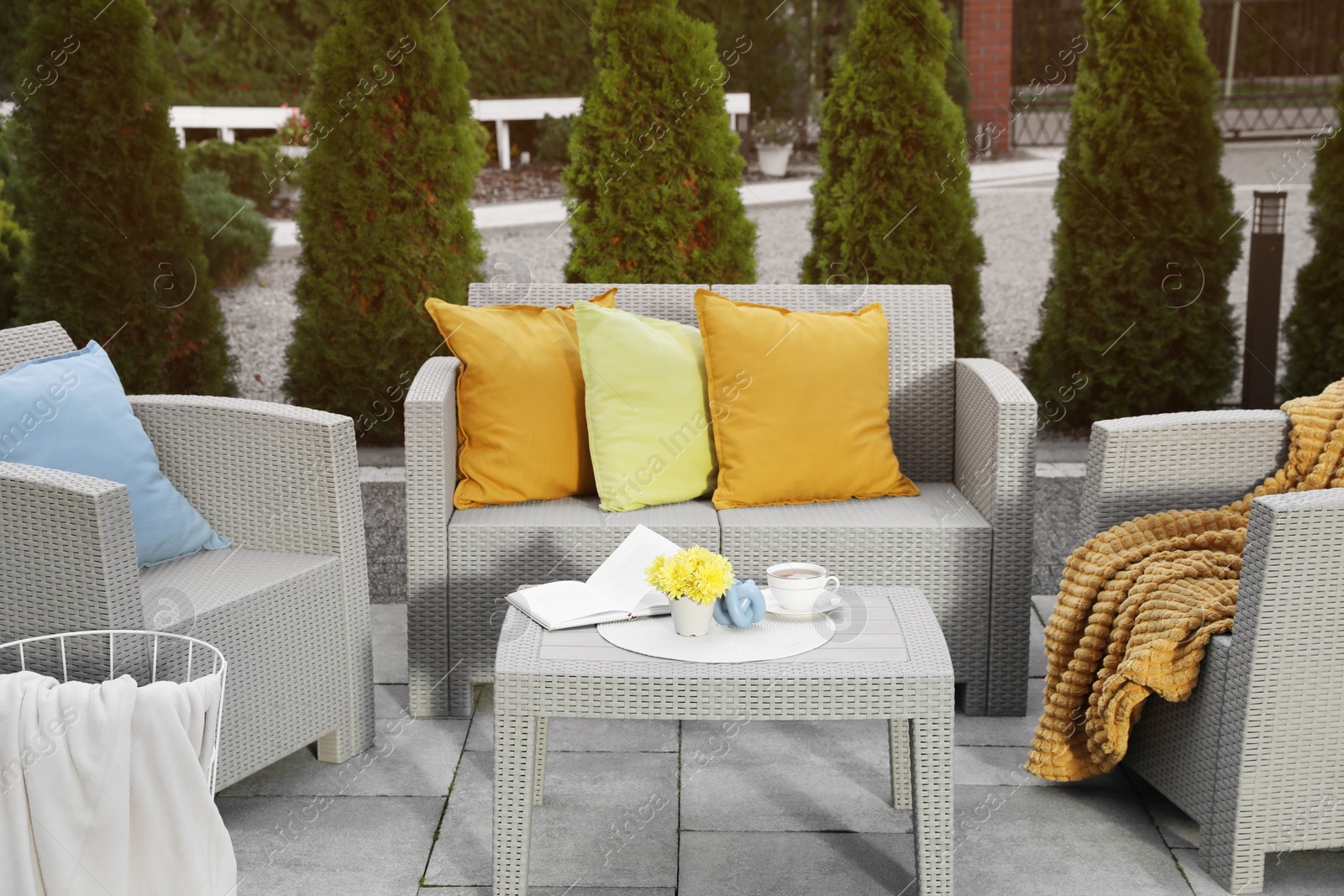 Photo of Beautiful rattan garden furniture, soft pillows and different decor elements in backyard