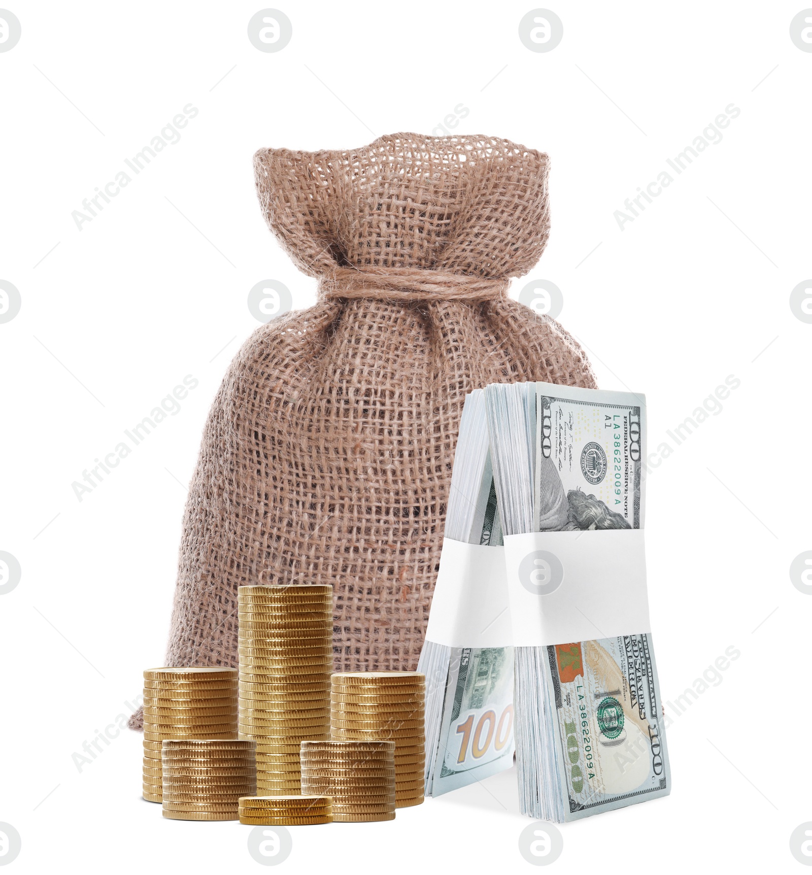 Image of Stacked coins, dollar banknotes and sack full of money on white background