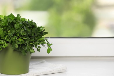 Photo of Aromatic parsley growing in pot on window sill. Space for text