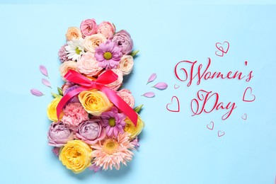 Image of 8 March - Happy International Women's Day. Greeting card design with different flowers on light blue background, top view