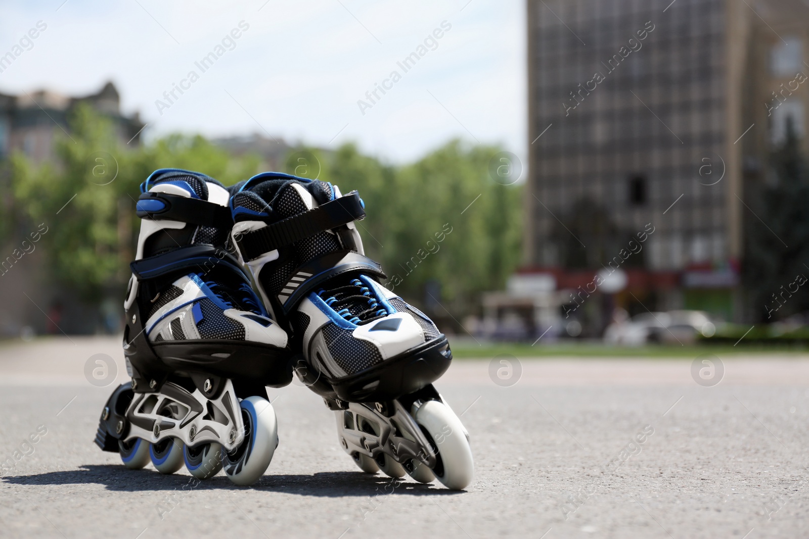 Photo of Modern inline roller skates in city park on sunny day