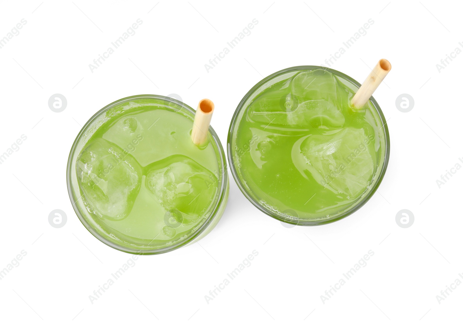 Photo of Delicious iced green matcha tea isolated on white, top view