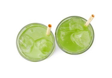 Delicious iced green matcha tea isolated on white, top view