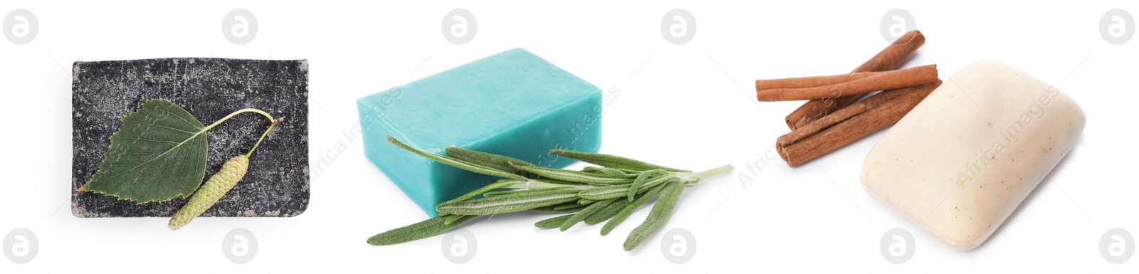 Image of Set with handmade soap bars on white background. Banner design