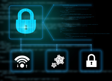 Illustration of Cyber attack prevention. Icons and binary code on background