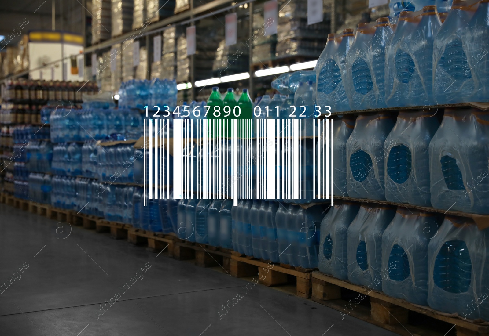 Image of Barcode and many plastic bottles with water at wholesale market