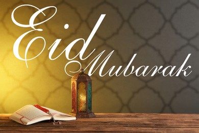 Image of Eid Mubarak greeting card. Muslim lantern, prayer beads and Koran on wooden table
