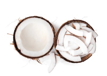 Photo of Pieces of fresh coconut isolated on white, top view